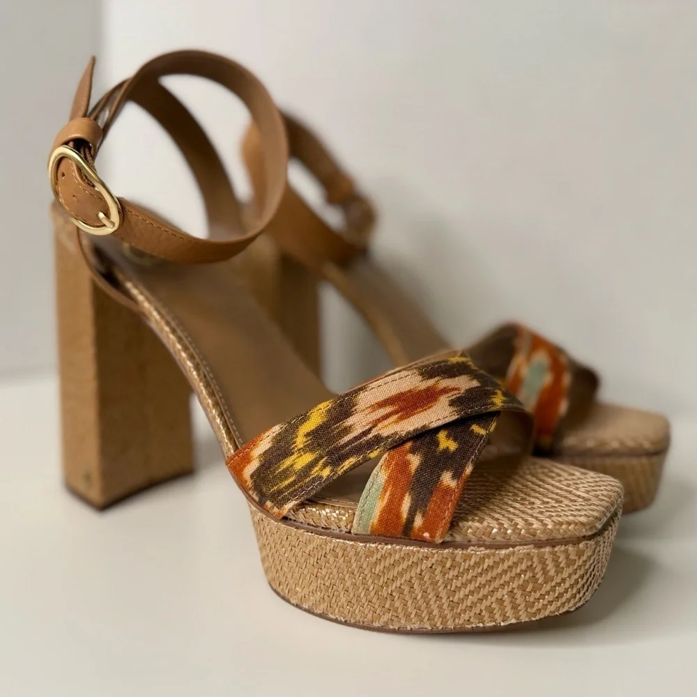 Sam Edelman Women's Nolita Raffia Platform Sandals Size 10.5M Leather Boho Print